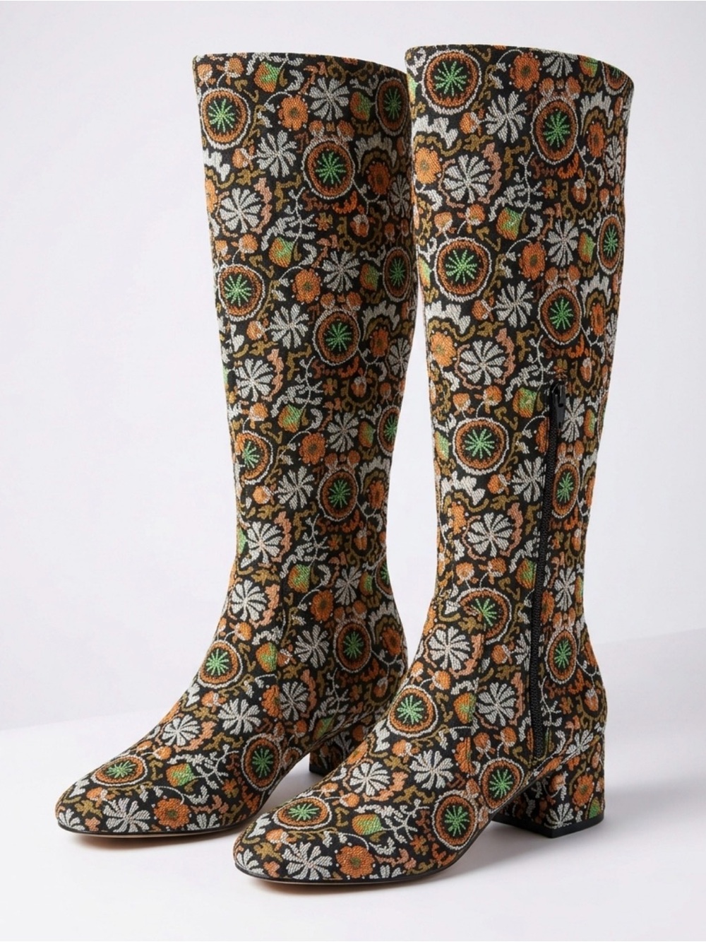 Chelsea & Violet Floral Brocade Over-the-Knee Boots in Black, Orange, Green. New